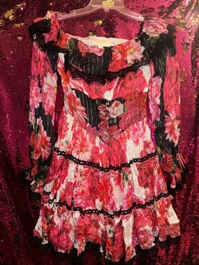 Rococo Sand Pink & Black Floral Lace-Trim Ruffle Mini Dress
